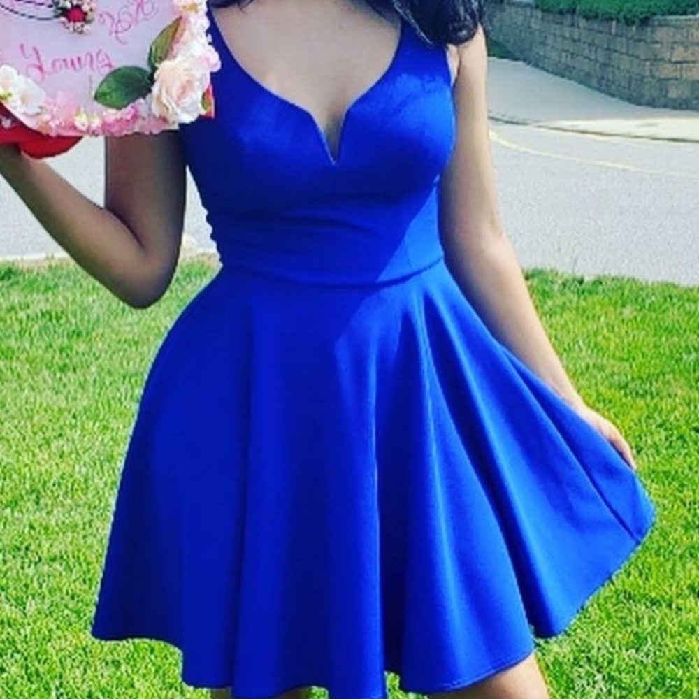 blue sleeveless fit and flare dress